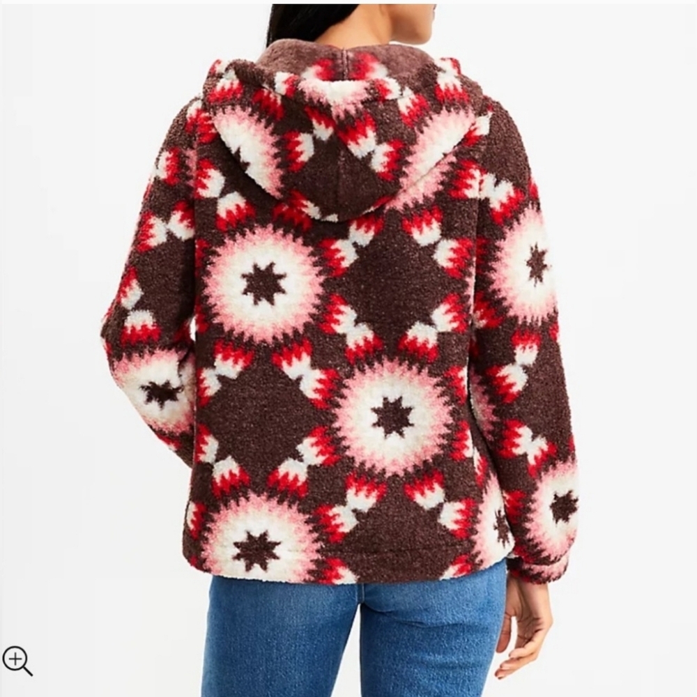 LOFT Brown Pink Red White Patterned Hooded Pullover - Picture 2 of 7